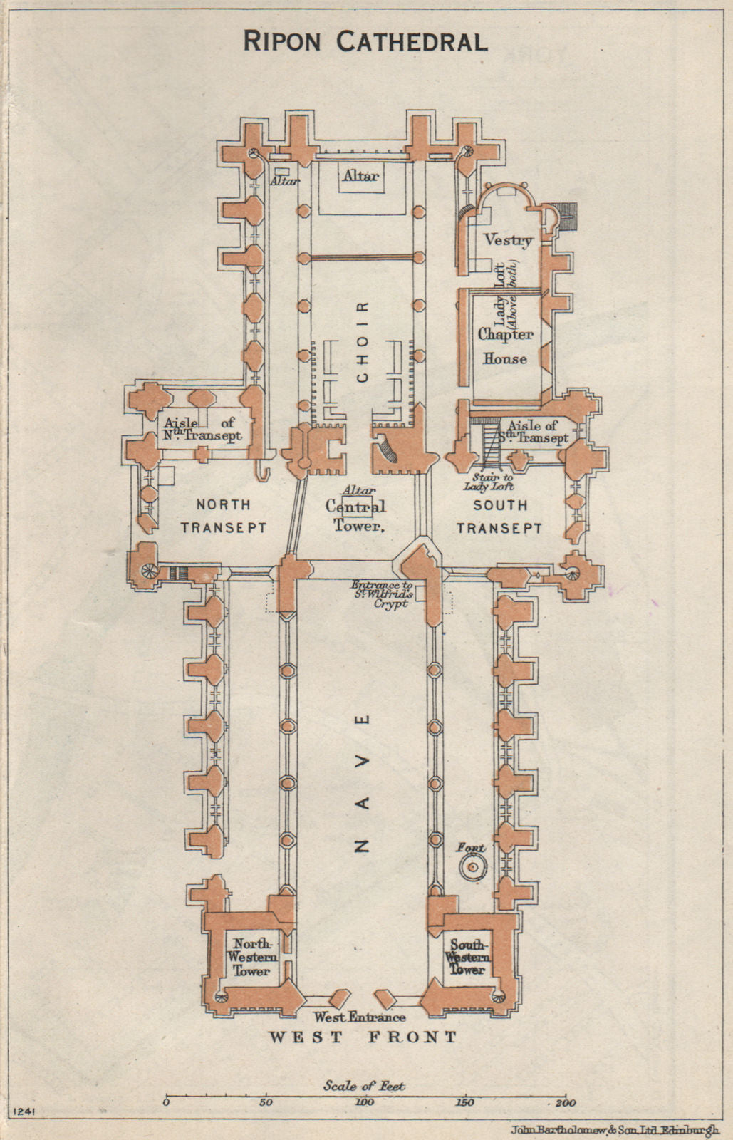 RIPON cathedral vintage floor plan. Yorkshire 1957 old vintage map chart